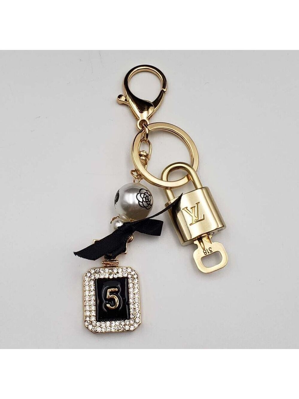 LV Authentic Gold Padlock 🔒 Key Set w/ Unbranded N5 Bottle Keychain Charm